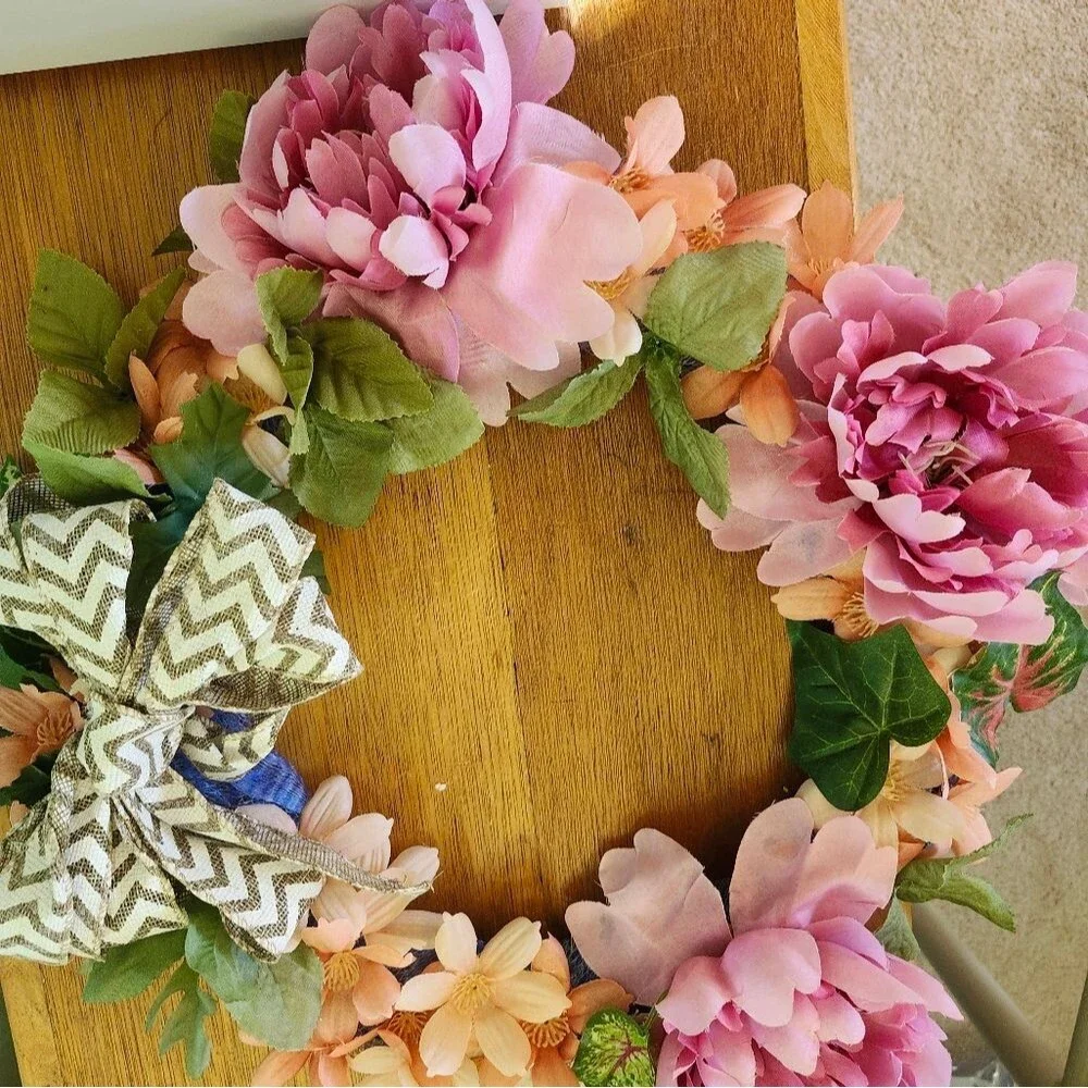 Hand Crafted Pink Peony Floral Wreath  Summer Door Wall Decoration